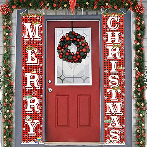Fecedy MERRY CHRISTMAS Hanging Banner Porch Sign With Pattern Christmas tree Presents Snow Banner For Home Yard Indoor Outdoor Wall Door Christmas Party Decorations 72'x12'