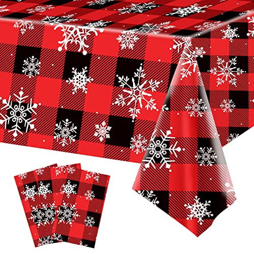3 Pieces Red and Black Buffalo Plaid Merry Christmas Party Tablecloth Decorations,Plastic White Snowflake Buffalo Plaid Sign Table Cover for Winter Christmas Holiday Party Supplies,54x108 inch