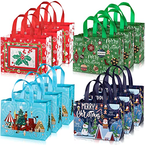 Whaline 12 Pack Large Christmas Tote Bags with Handles, Reusable Gift Bag Grocery Shopping Totes for Holiday Xmas 12.8' x 9.8'