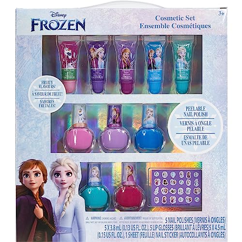 Disney Frozen Elsa Anna Nail Polish Cosmetic Makeup Set for Girls with Lip Gloss Nail Polish Nail Stickers - 11 Pcs| Parties ,Sleepovers Makeovers| Birthday Gift for Girls 3 Yrs+