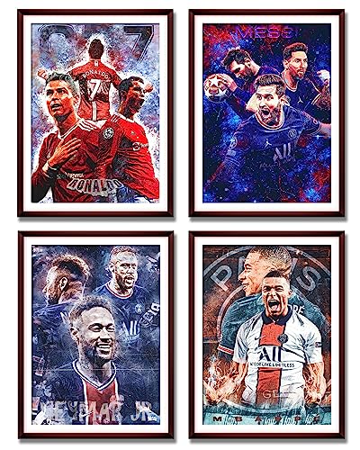 Famous Football Superstar Ronaldo, Messi, Neymar And Mbape Set of 4 Poster Prints Wall Decor Bedroom for Living Room Sport Room Gift for Fan Football Size 11.7x16.5 inch UNFRAMED