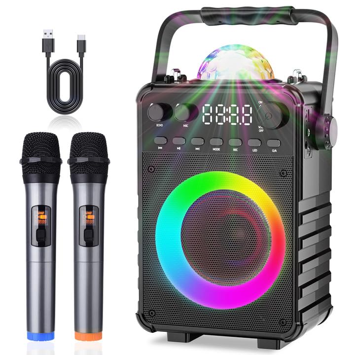 Amazmic Karaoke Machine with 2 Wireless Microphones, Portable Karaoke Machine for Adults PA System Bluetooth Speaker with Disco Lights for Kids, Family Party/Speach, Supports TF Card/USB, AUX in, FM