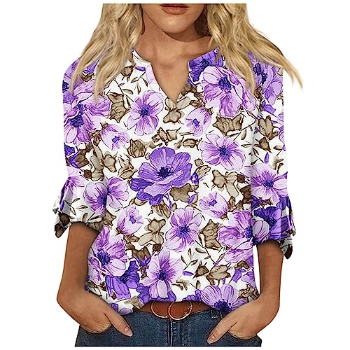 Womens Tshirt Tops,Tunics or Tops to Wear with Leggings 3/4 Sleeve Women's Button Up Shirt That Ties Graphic Tank Tops for Women Vintage Ladies Summer Tops and Blouses 2023(1-Purple,X-Large)