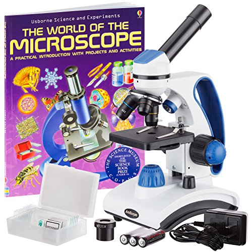 AmScope M162C-2L-PB10-WM'Awarded 2018 Best Students and Kids Microscope Kit' - 40X-1000X Dual Light All Metal Microscope with Slides and Microscope Book, Blue