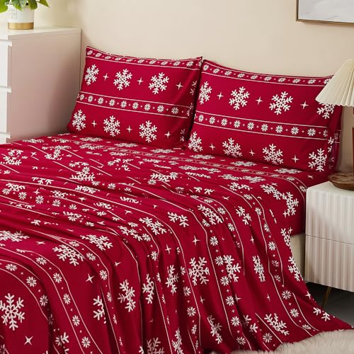Vaulia Soft Microfiber Sheets, Print Snowflake Pattern Christmas Holidays, 4-Piece Set (1 Fitted Sheet 1 Flat Sheet 2 Pillowcases) Red/White Snowflake, Queen
