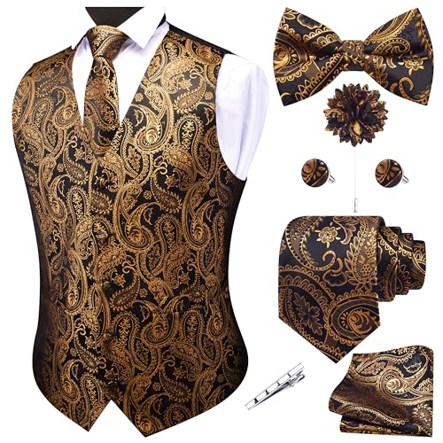 GUSLESON Mens Black Gold Paisley Suit Vest Tie and Bow Tie Set Silk Floral Waistcoat Necktie and Pocket Square Lapel Pin Set (0810-02-XL)