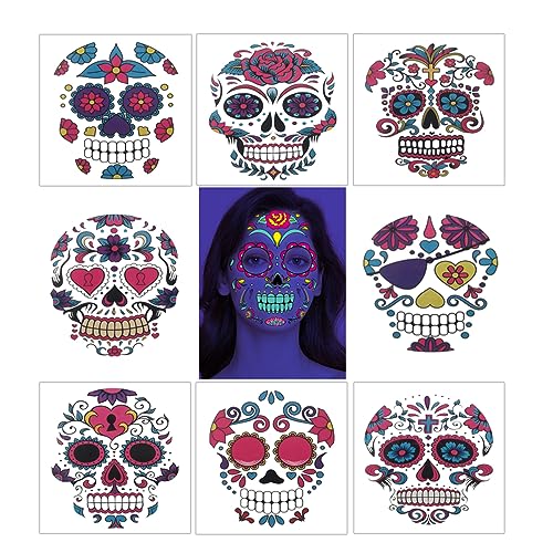 Aaiffey Day of the Dead Face Tattoos,Sugar Skull Sticker Floral Day Full Face Stickers Glow in The Dark for Halloween Temporary Face Makeup for Men Women Kids Party Favor Supplies (8Pcs)