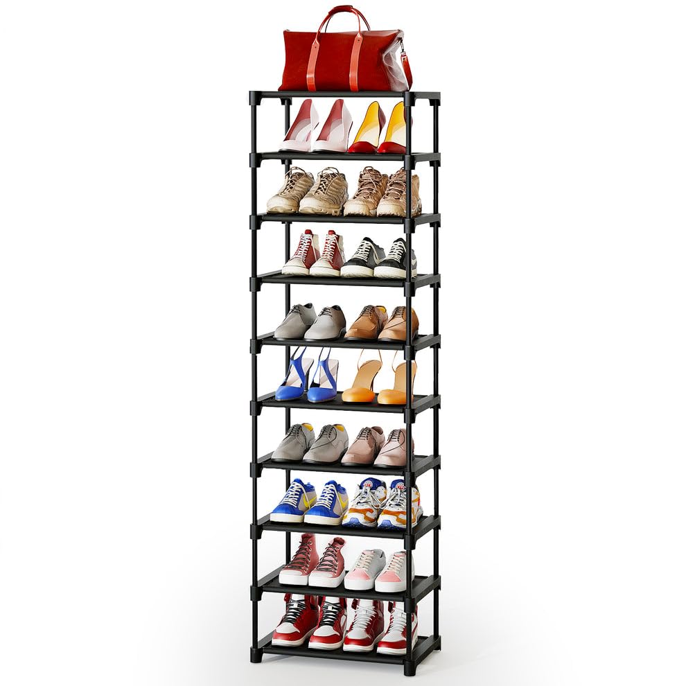 Kitsure Shoe Organizer - 10-Tier Tall Shoe Rack for Closet, Entryway, Sturdy Shoe Shelf w/Large Capacity for up to 20 Pairs, Space-Saving Narrow Shoe Rack w/Easy Assembly Fits Boots, Heels, Black