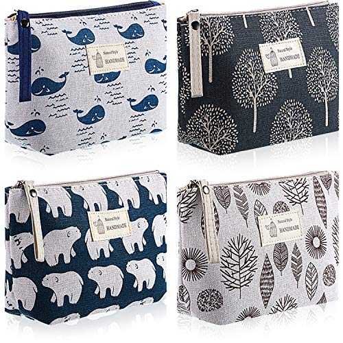 4 Pieces Canvas Cosmetic Bags Set Pouches for Purse with Zipper Multi Functional Canvas Travel Pouch for Women Girls Vacation Travel Toiletry Bag, 4 Styles (Whale, Bear, Tree, Leave, Small)