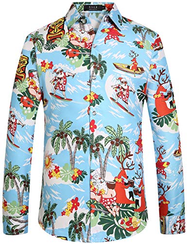 SSLR Mens Christmas Shirts Santa Claus Party Button Down Long Sleeve Shirts for Men (X-Large, Blue)