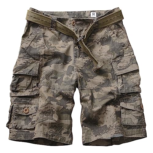 GSGGIG Cargo Short for Men Relaxed Fit Camo Outdoor Hiking Work Cotton Casual Shorts with 9 Pockets No Belt DK001 Water Spray Camo 29