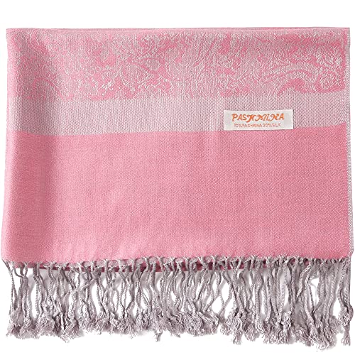 Paisley Pashmina Silk Scarf Shawl Jacquard Cashmere Wrap Stole Two Tones Reversible (Pink/sliver)