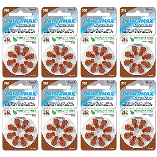 Powermax Size 312 Hearing Aid Batteries, Made In USA, Brown Tab, 64 Count