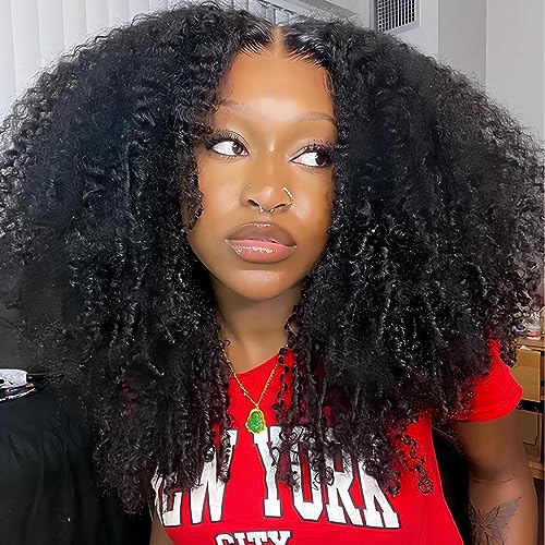 ISEE Wear and Go Glueless Wig Afro Kinky Curly Lace Front Wigs Human Hair 6x4 HD Lace Afro Curly Wigs for Women Lace Pre Cut Glueless Wigs Human Hair Pre Plucked 16 Inch