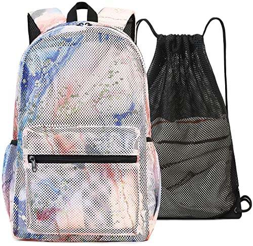 Bluboon Mesh Backpack for Girls Kids Semi-Transparent School Bookbag See Through Beach Bag Daypack with Mesh Drawstring Bag