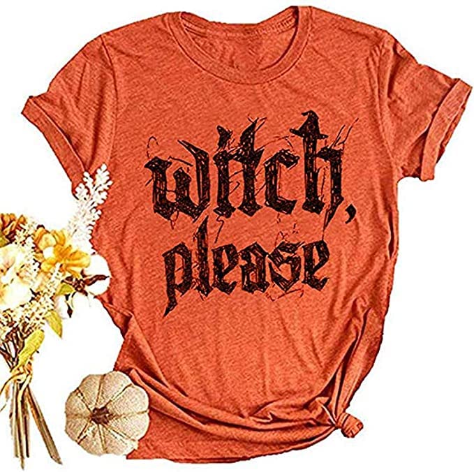 kfulemai Womens Halloween T-Shirt Funny Short Sleeve Witch Please Graphic Tees Tops(M,Orange)