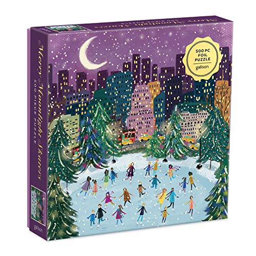 Galison Merry Moonlight Skaters 500 Piece Foil Puzzle from Galison - Featuring Beautiful Illustrations of a Festive Winter Scene with Gold Foil Accents, 20' x 20', Makes a Wonderful