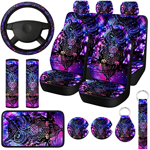 15 Pcs Purple Colorful Owl Car Seat Covers Full Set Space Cats Car Seat Covers for Car Front Rear Seat Covers Steering Wheel Cover Wrist Strap Armrest Pad Shoulder Pads