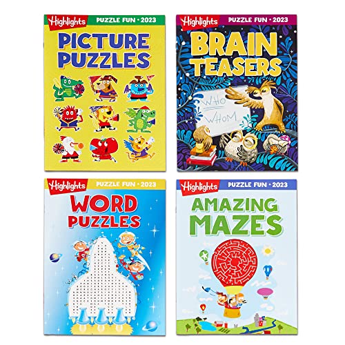 Highlights Puzzle Fun 2023 Puzzle Books for Kids Ages 6 and Up, 4-Book Set of Brain Teasers, Mazes, Word Puzzles and More Travel-Friendly Screen Free Brain-Boosting Activities