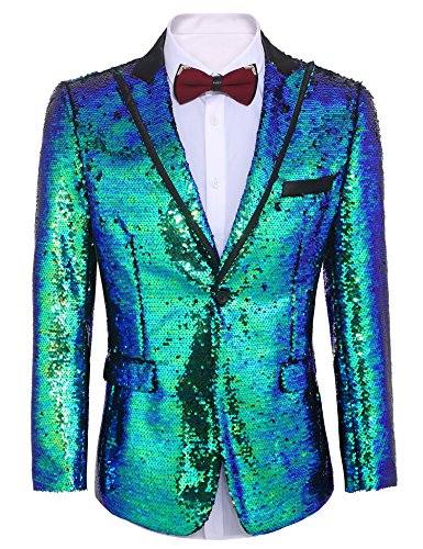COOFANDY Shiny Sequins Suit Jacket Blazer One Button Tuxedo for Party,Wedding,Banquet,Christmas,Nightclub,Blue,X-Large