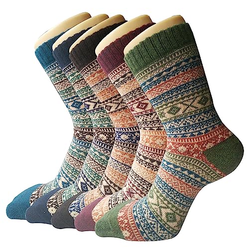 5 Pack Womens Wool Socks Winter Warm Socks Thick Knit Cabin Cozy Crew Soft Socks Gifts for Women, A-blue/Dark Blue/Brown/Red/Green