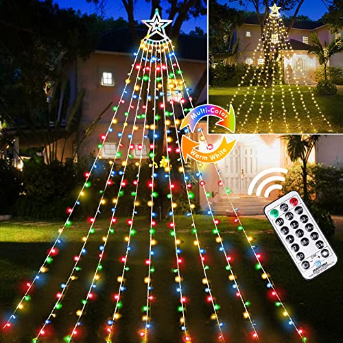 Color Changing Christmas Decorations Outdoor Yard Tree Lights (Multicolor to Warm White), Larger Size 350 LED Christmas Lights Outdoor Waterfall Lights with 14' Topper Star & Remote & 11 Modes