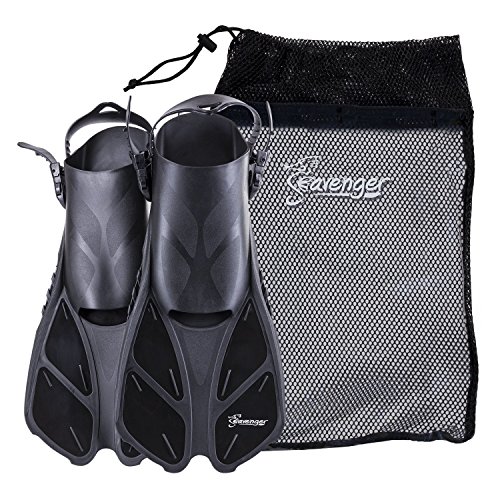 Seavenger Torpedo Swim Fins | Travel Size | Snorkeling Flippers with Mesh Bag for Women, Men and Kids (Black, L/XL)