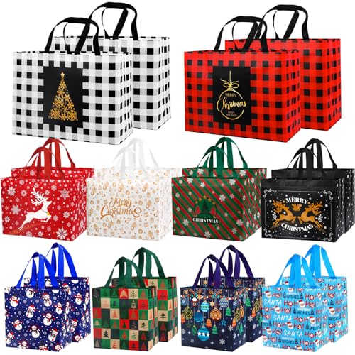 DULEFUN 20PCS Christmas Gift Tote Bags 10 Styles Xmas Shopping Wrapping Bags Large Medium Small Xmas Gift Bags for Christmas Holiday Party Favors Supplies