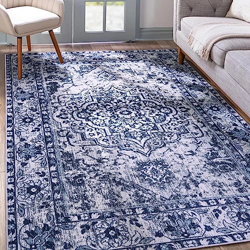 YJ.GWL Area Rug 4x6, Washable Bedroom Rug, Soft Accent Rugs for Living Room Dining Room, Non-Slip Non-Shedding Low-Pile Entryway Rug Floor Carpet, Blue