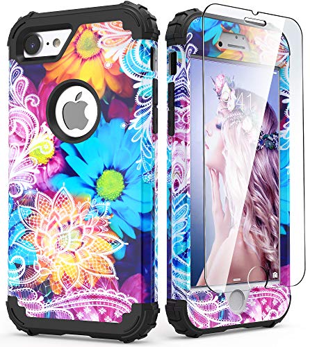 IDweel iPhone 6S Case, iPhone 6 Case with Tempered Glass Screen Protector, 3 in 1 Heavy Duty Shock Absorption Hard PC Covers Soft Silicone Full Body Protective Case for Women Girls, Flower