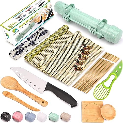 Sushi Making Kit, 22 in 1 Sushi Roller Maker Bazooker Kit with Bamboo Mats, Chef's Knife, Chopsticks, Sauce Dishes, Rice Spreader, Avocado Slicer for Beginners, Family, Friends, Home