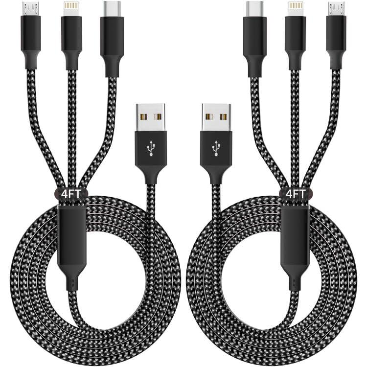 IDISON Multi Charging Cable(2Pack 4FT), 3 in 1 Charger Cable Nylon Braided Multiple USB Cable Universal Charging Cord with Type-C, Micro USB and IP Port for Cell Phones and More