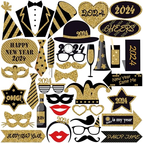 KatchOn, New Years Photo Booth Props 2024 – Pack of 36, NYE Photo Booth Props 2024 | New Years Eve Party Supplies 2024 | New Years Eve Photo Booth Props 2024 | Happy New Year Decorations 2024 Props