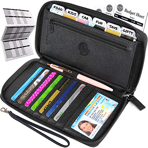 Slim Budget Wallet With 6 Horizontal Tabbed Cash Envelopes For Budgeting - All-in-One Budget Planner With Cash Envelopes - Cash Envelope Wallet, Coupon Organizer, RFID Blocking Monthly Bill Organizer