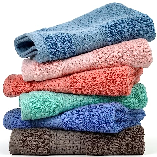 Cleanbear Face-Cloth Washcloths Set,100% Cotton, High Absorbent, 6-Pack 6 Colors, Size13 x13-deep Color