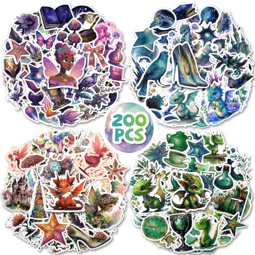 200PCS Magic Stickers for Water Bottle, 4 Styles Vinyl Waterproof Stickers for Laptop, Fairy, Dragon, Butterfly Aesthetic Stickers, Magic Moon Stickers for Kids, Girls,Teens