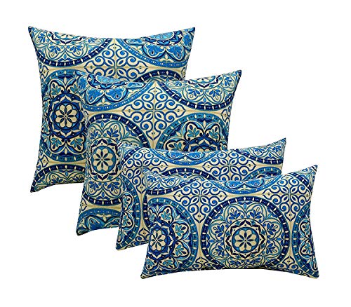 Indoor Outdoor Set of 4 (2-17?x17? Square and 20?x12?) Decorative Lumbar Toss Throw Pillow Weather Resistant - Wheel Indigo - Blue, Ivory, Large Sundial