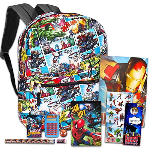 Marvel Avengers Backpack Set Boys Girls Kids - 7 Pc Bundle With Avengers Superhero School Bag, Folders, Pencils, Stickers and More (Marvel School Supplies)