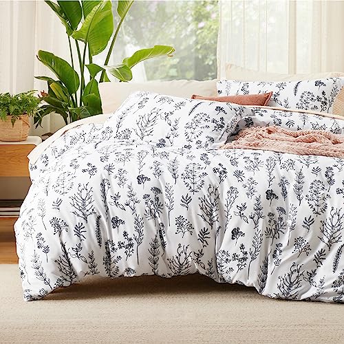 Bedsure Duvet Cover Queen Size - Reversible Floral Duvet Cover Set with Zipper Closure, White Bedding Set, 3 Pieces, 1 Duvet Cover 90'x90' with 8 Corner Ties and 2 Pillow Shams 20'x26'