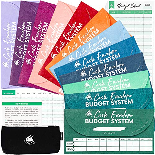 Clever Fox Cash Envelopes for Budgeting System – Budget Envelopes for Cash Budgeting and Saving, Tear and Water Resistant, Includes Carry Pouch & 12 Expense Tracking Budget Sheets, 12 Pack - Assorted