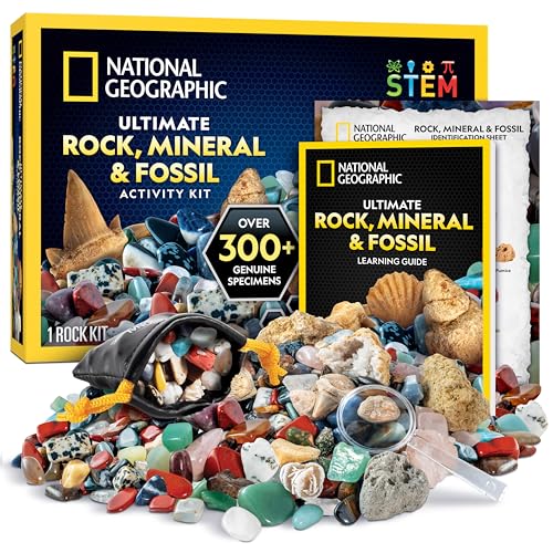 NATIONAL GEOGRAPHIC Rock Collection Box for Kids – 300+ Piece Gemstones and Crystals Set Includes Geodes and Real Fossils, Rocks and Minerals Science Kit , A Geology Gift for Boys and Girls