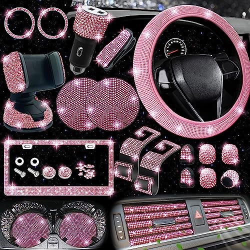 NBTEPEM 27 PCs Bling Car Accessories Set for Women, Bling Steering Wheel Covers Universal Fit 15 Inch, License Plate Frame, Phone Holder, Car Coasters (Pink Diamond)
