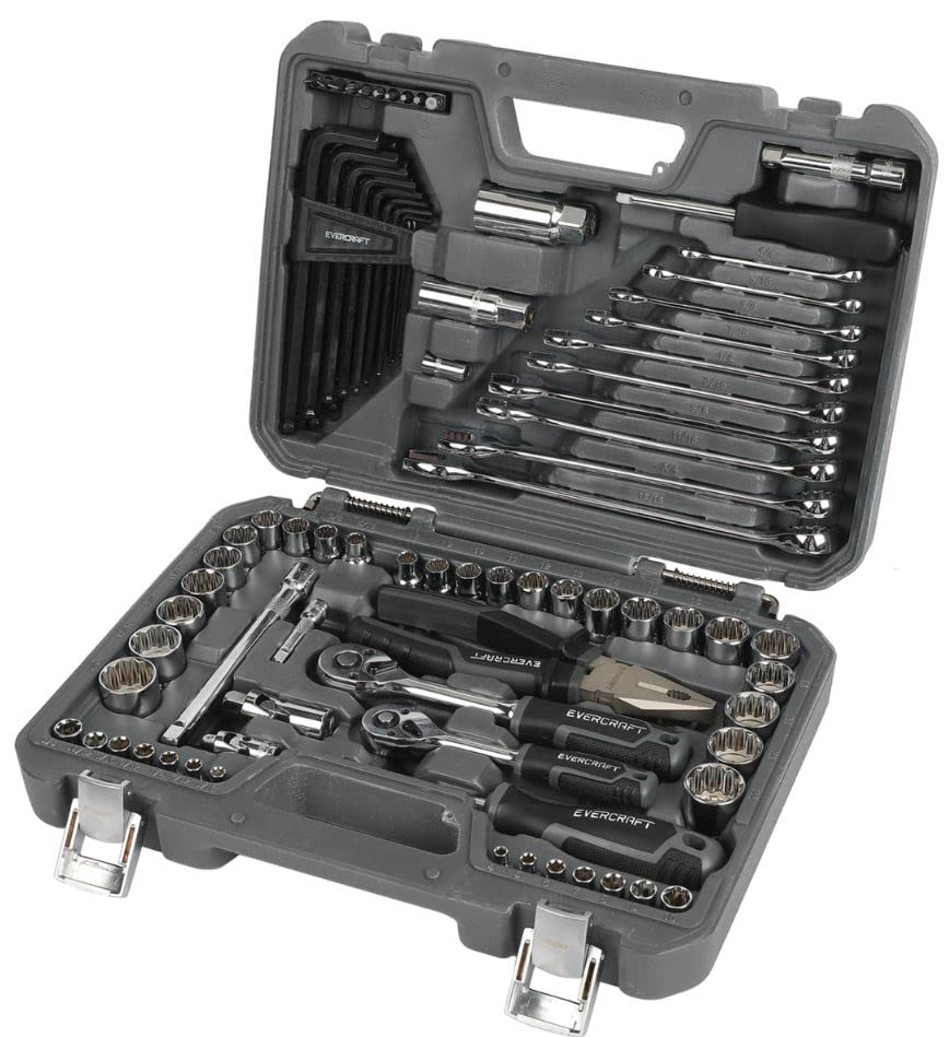 Evercraft Socket Set 92 Pc SAE and Metric 1/4 inch, 3/8 inch Socket Set with Allen Wrench and heavy duty case Gray 774-0241
