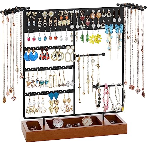 X-cosrack Earring Holder, Ear Stud Organizer with Wooden Tray,Earring Display Stand with 360° Rotating Necklace Holder,Jewelry Organizer Stand for Earrings Bracelets Watches and Rings,Black