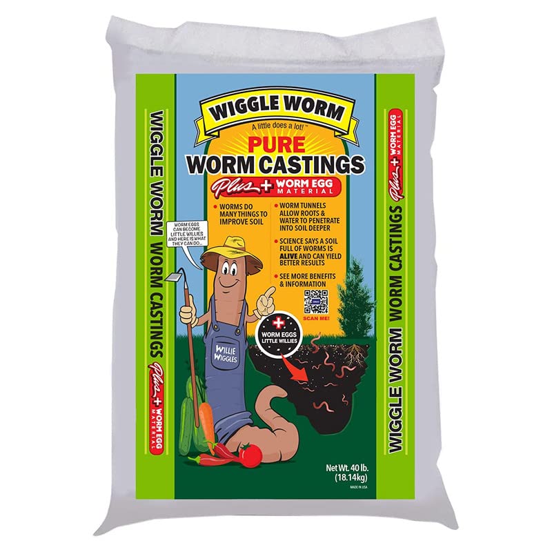 WIGGLE WORM Castings Plus Worm Egg Material Fertilizer for Houseplants, Vegetables, and More, 40 Pounds - OMRI-Listed Earthworm Castings to Help Improve Soil Fertility and Aeration