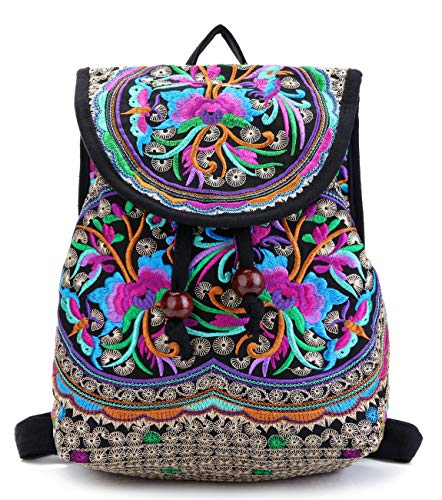 Jursccu Embroidery Backpack Purse for Women Vintage Handbag Small Drawstring Casual Travel Shoulder Bag Daypack