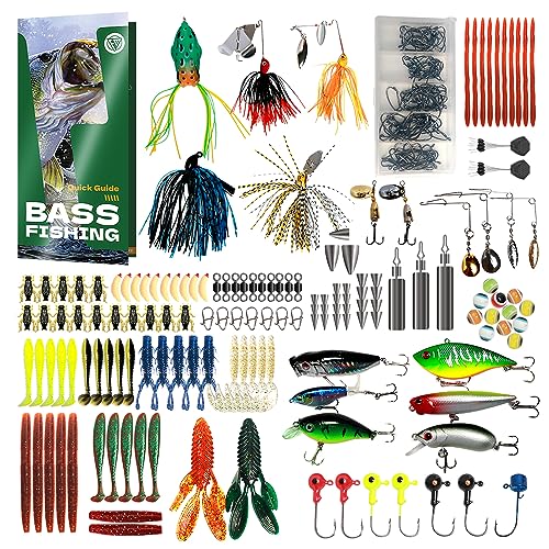 322-Piece Bass Fishing Lures Accessories Kit with Manual - Fishing Hooks Minnow Crankbait Frog Pope Bait Worm Larva Fish Spoon Spinner Bait - Jig Head Fishing Sinks Swivel Weighted Sinks
