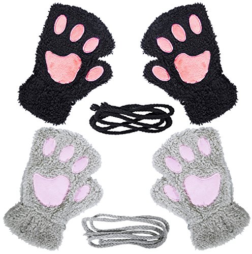 Loritta 2 Pairs Cat Paw Winter Plush Faux Fur Cute Kitten Fingerless Mittens Gloves,Black+Gray(2 Pairs)