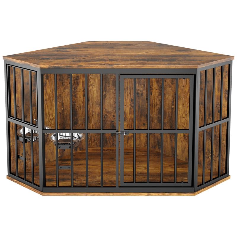 ROOMTEC 53 inch Furniture Dog Crate Corner, Dog Kennel Corner Wooden End Table with Bowl, Indoor Pet Crates Corner Side Table for Dogs, Wide Top Perfect for Limited Room