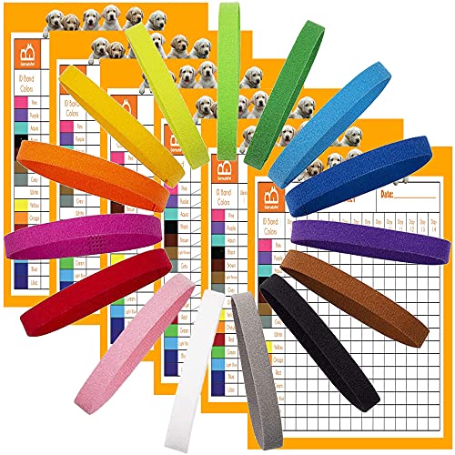 GAMUDA 15 Newborn Puppy Collars – 6 Record Keeping Charts – Super Soft Nylon Whelping Puppy Collars - Adjustable Litter Collars for Pups – Assorted Colors & Identification Collars